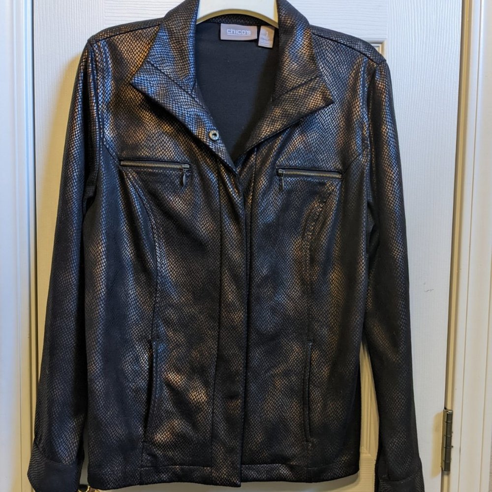 Chico's Black and Brown Snakeskin Print Jacket Faux Leather Look Pockets